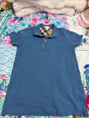 Burberry Blue Polo Shirt with Plaid Collar kids size 14 fits women S M